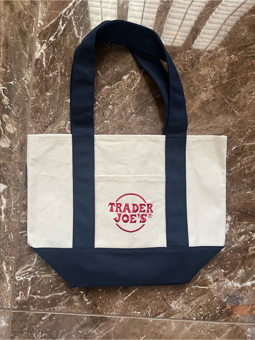 Trader Joe's Canvas Tote in Cream with Navy Accents Mini